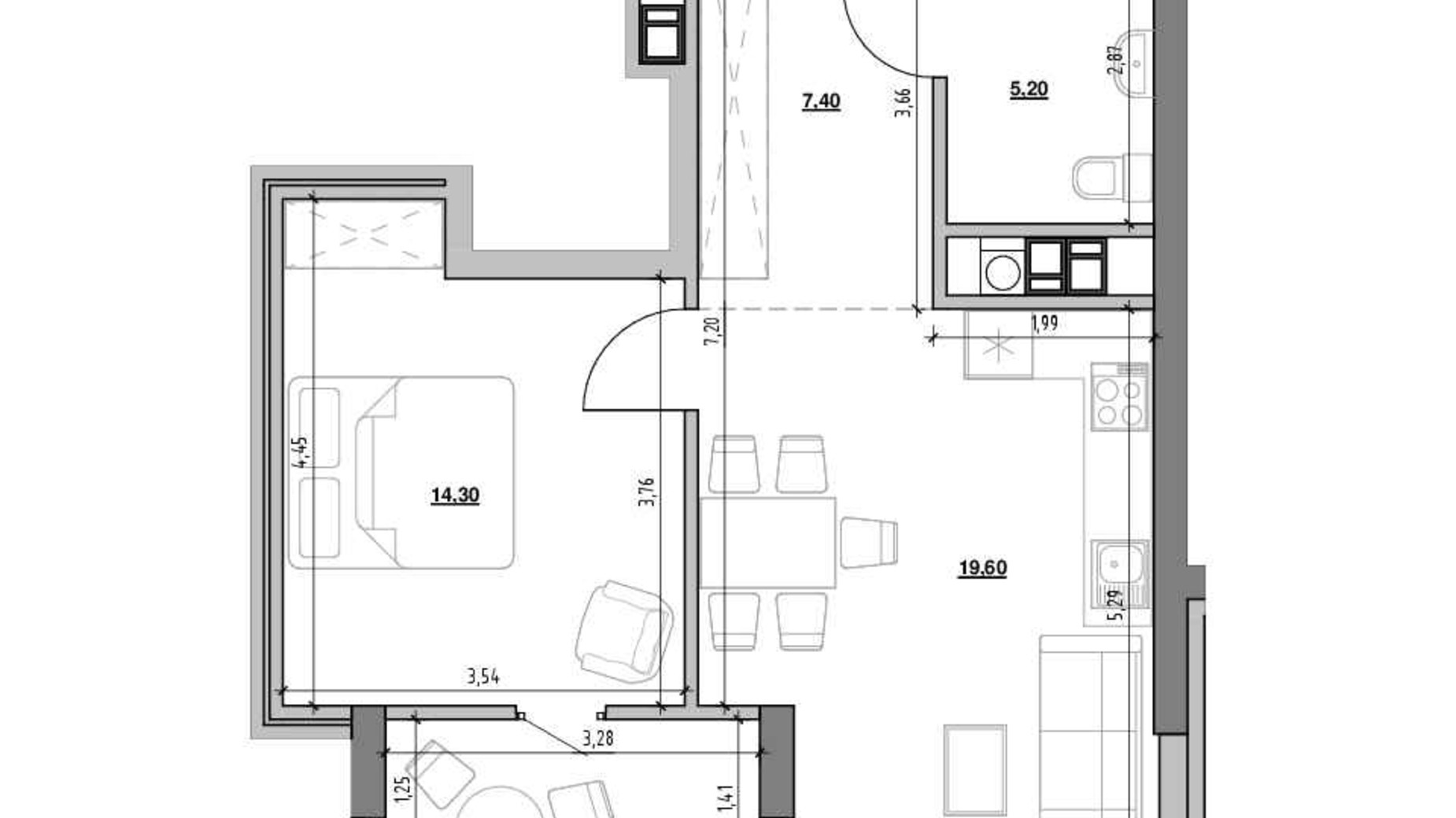 Планування 1-кімнатної квартири в ЖК Ярославенка 50.9 м², фото 539894