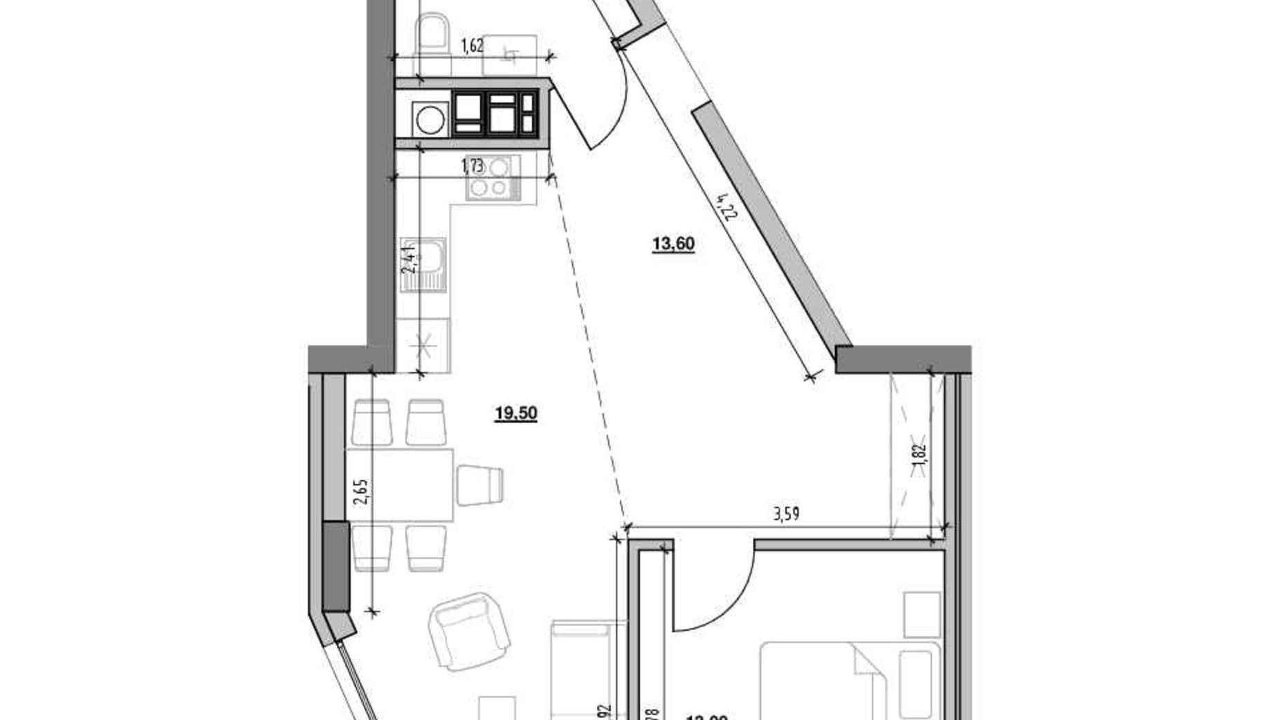 Планировка 1-комнатной квартиры в ЖК Ярославенко 52.1 м², фото 539895