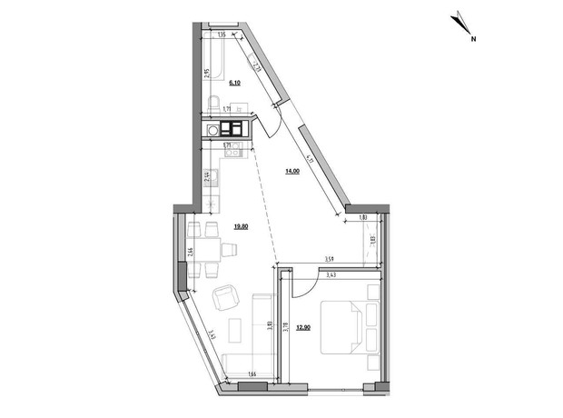 ЖК Ярославенко: планировка 1-комнатной квартиры 52.8 м²