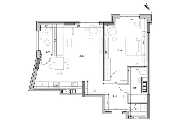ЖК Ярославенко: планировка 1-комнатной квартиры 72.6 м²
