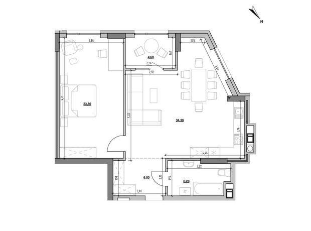 ЖК Ярославенко: планировка 1-комнатной квартиры 74.9 м²