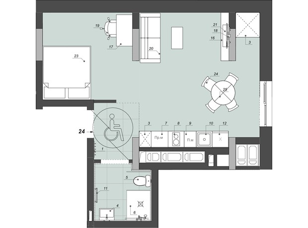 Апарт комплекс WELL towers: планування 1-кімнатної квартири 41.72 м²