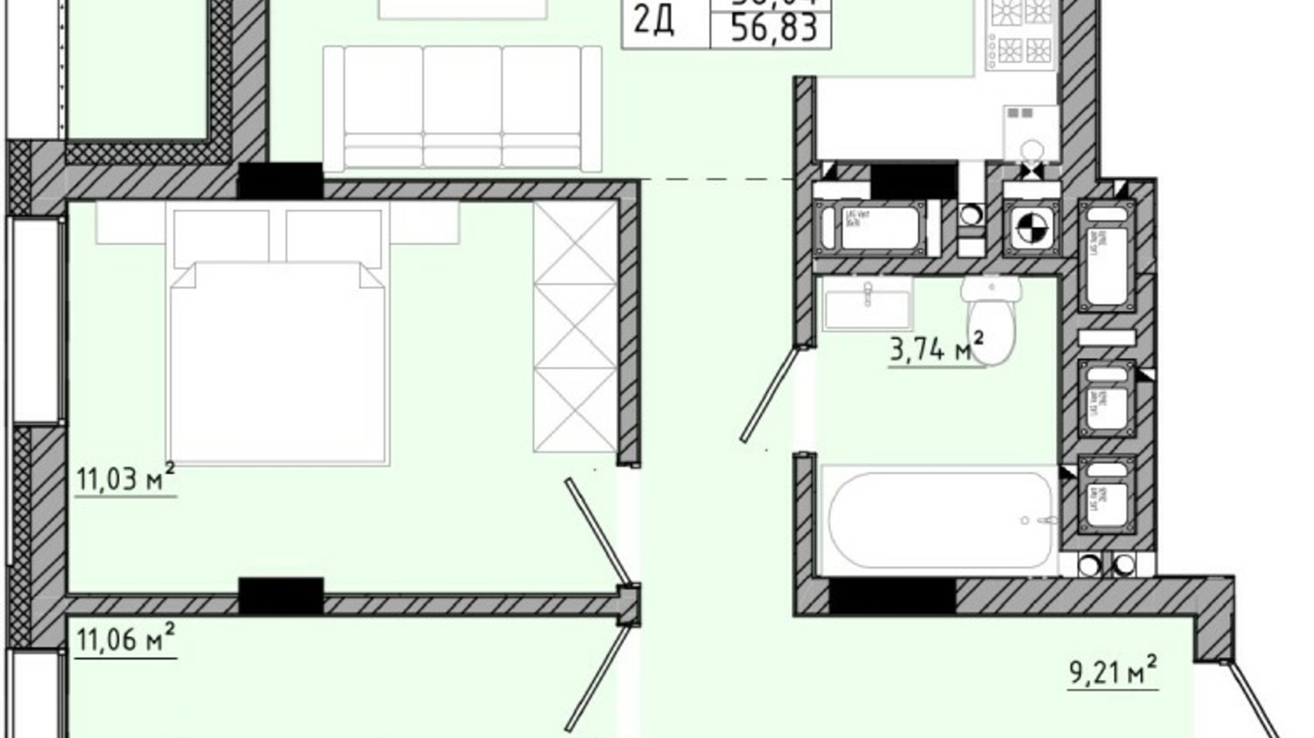 Планування 2-кімнатної квартири в ЖК на Спортивній 56.83 м², фото 540178