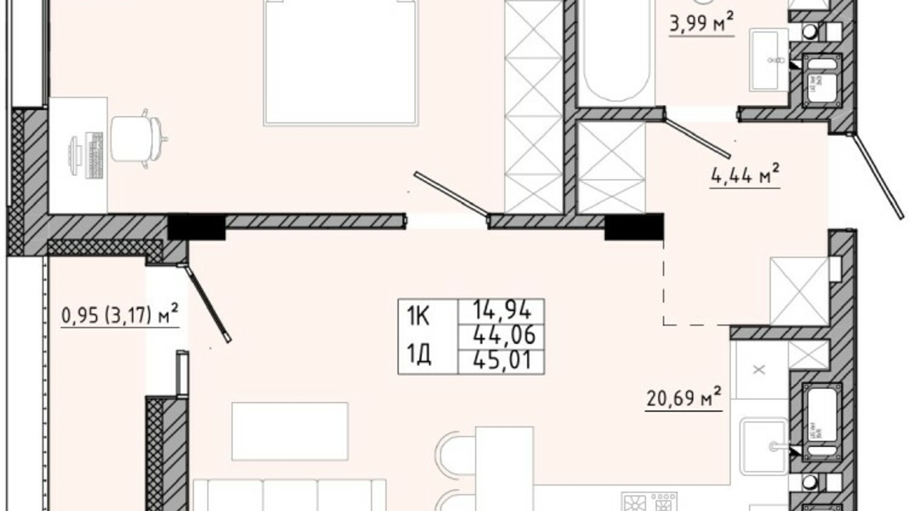 Планировка 1-комнатной квартиры в ЖК на Спортивной 45.01 м², фото 540179