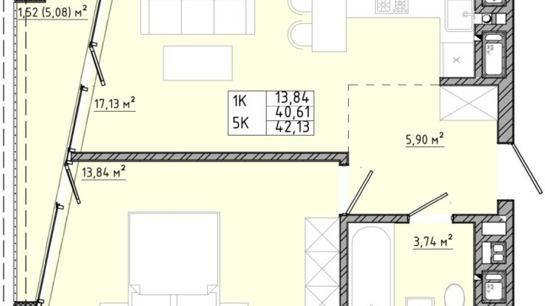 Планування 1-кімнатної квартири в ЖК на Спортивній 42.13 м², фото 540184