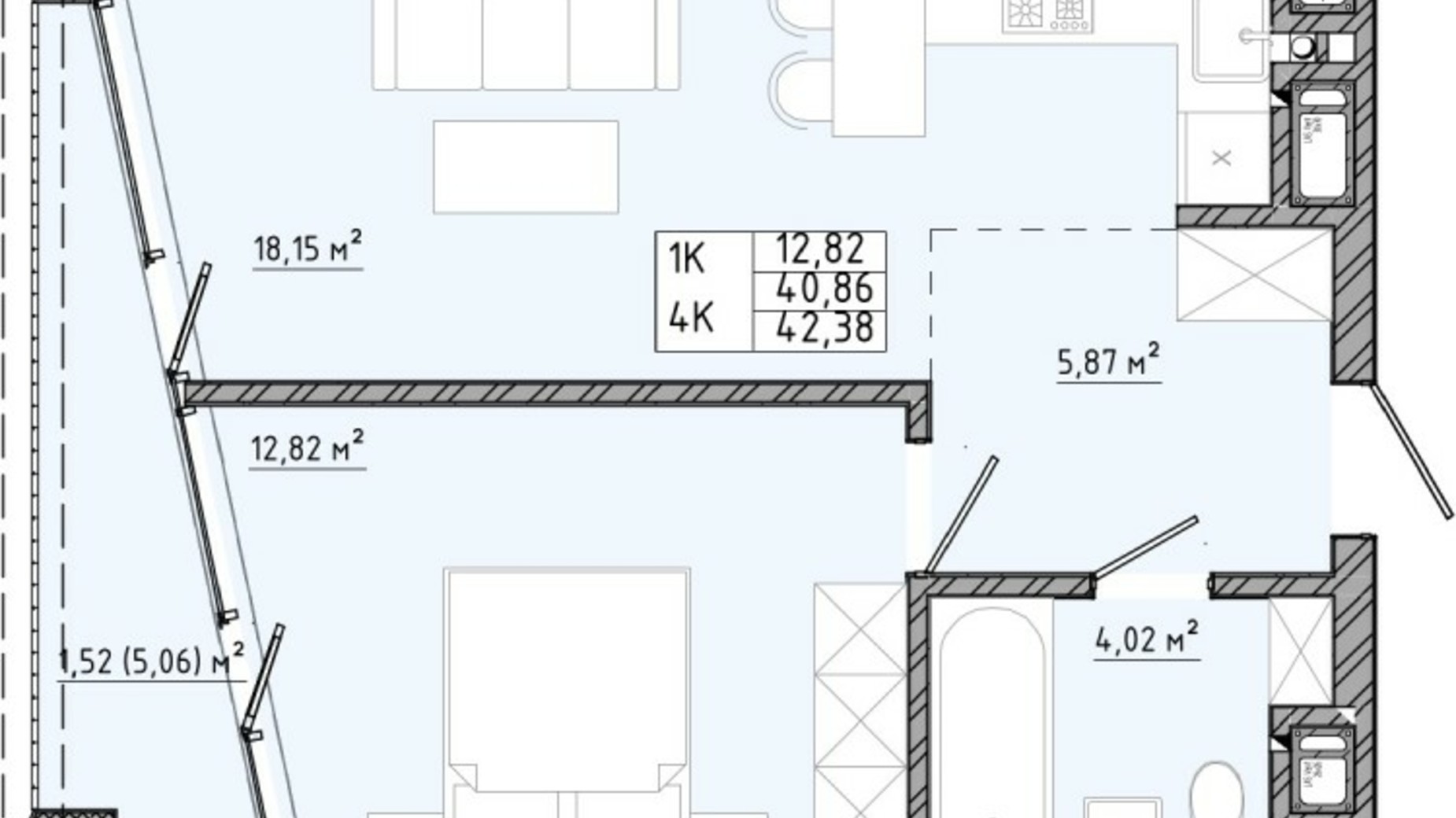 Планировка 1-комнатной квартиры в ЖК на Спортивной 42.38 м², фото 540186