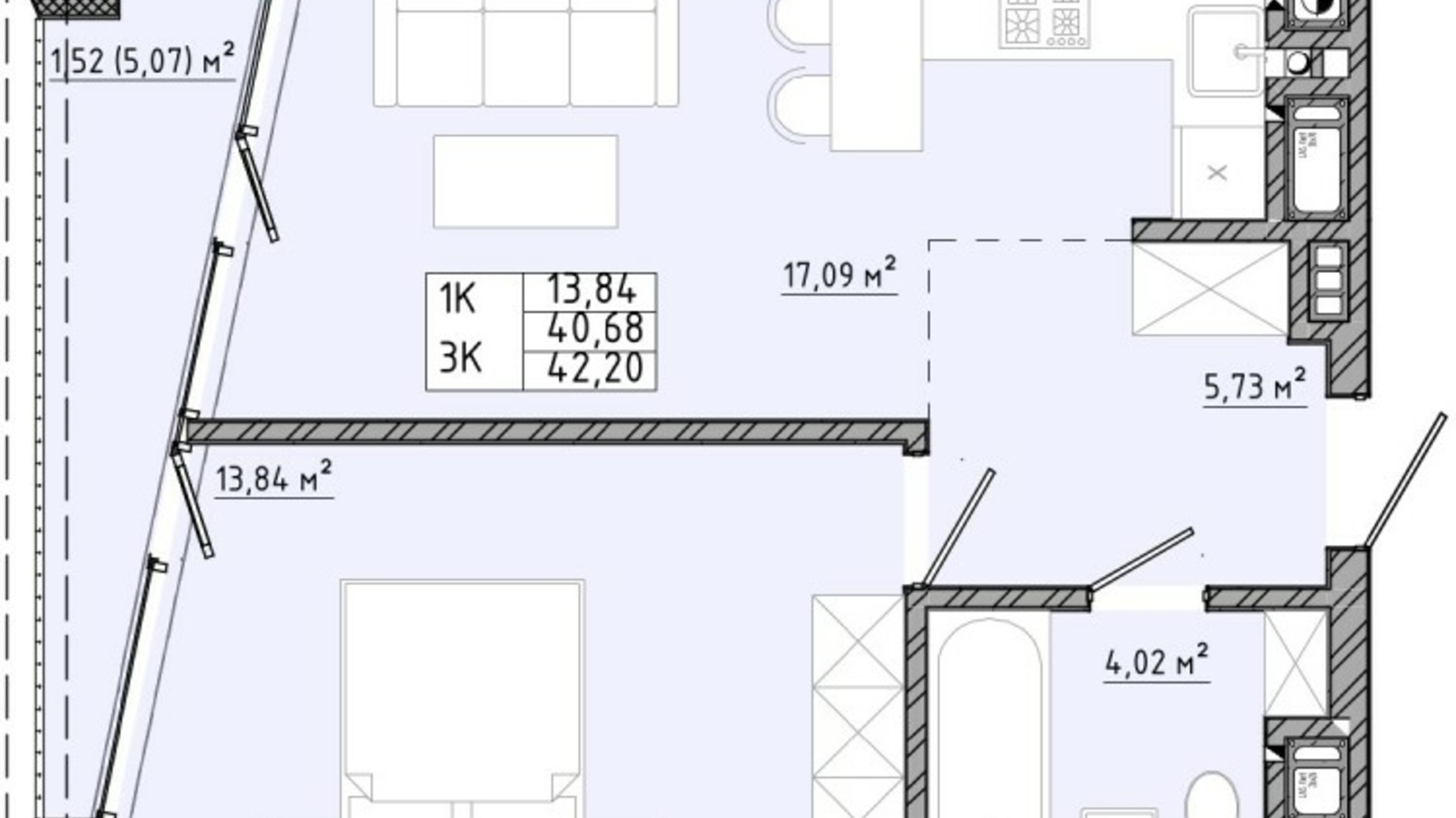 Планировка 1-комнатной квартиры в ЖК на Спортивной 42.2 м², фото 540187