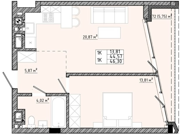 ЖК на Спортивной: планировка 1-комнатной квартиры 46.3 м²