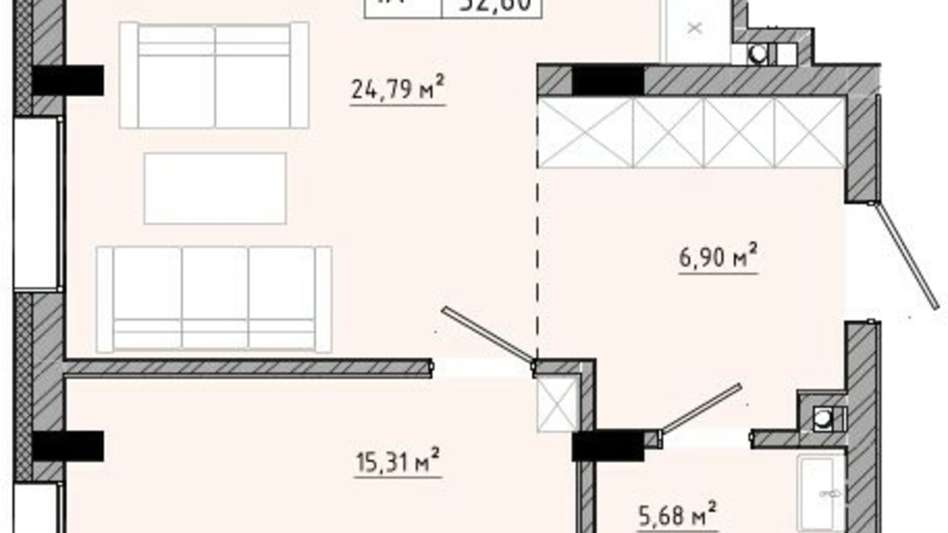 Планировка 1-комнатной квартиры в ЖК на Спортивной 52.6 м², фото 540194