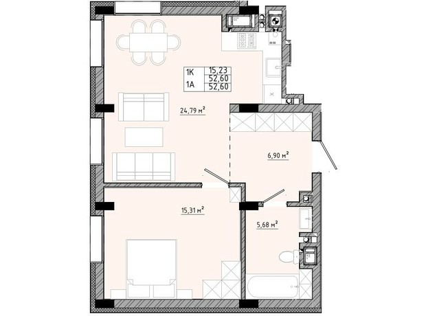 ЖК на Спортивной: планировка 1-комнатной квартиры 52.6 м²