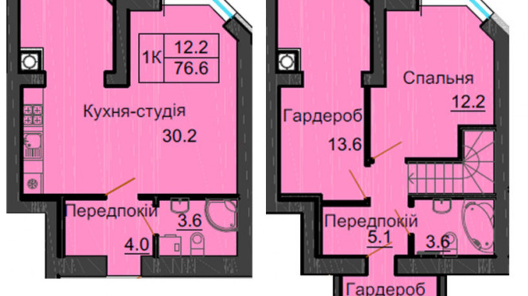 Планування багато­рівневої квартири в ЖК Софія Резіденс 76.6 м², фото 540450