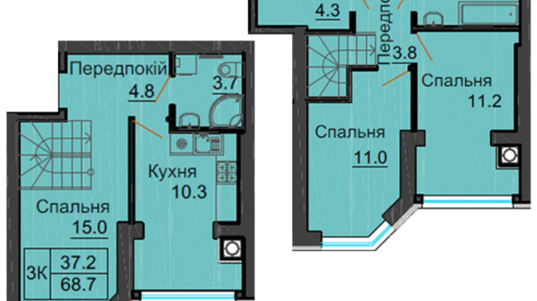 Планировка много­уровневой квартиры в ЖК София Резиденс 68.7 м², фото 540451