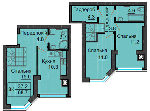 ЖК София Резиденс: планировка 3-комнатной квартиры 68.7 м²