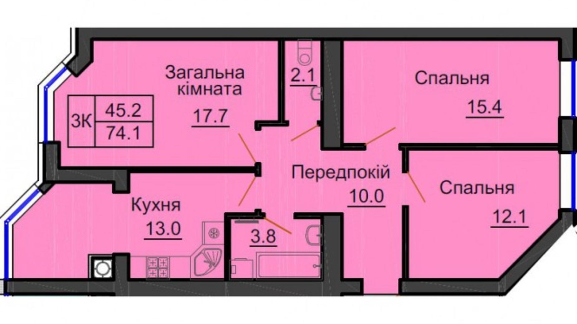 Планировка 3-комнатной квартиры в ЖК София Резиденс 74.1 м², фото 540462