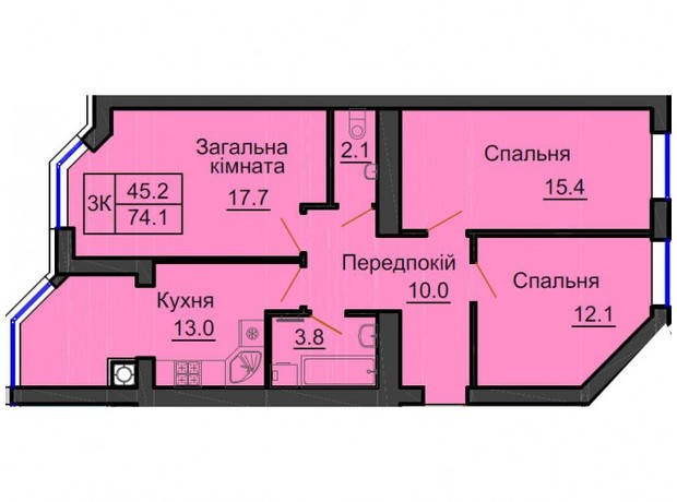 ЖК София Резиденс: планировка 3-комнатной квартиры 74.1 м²