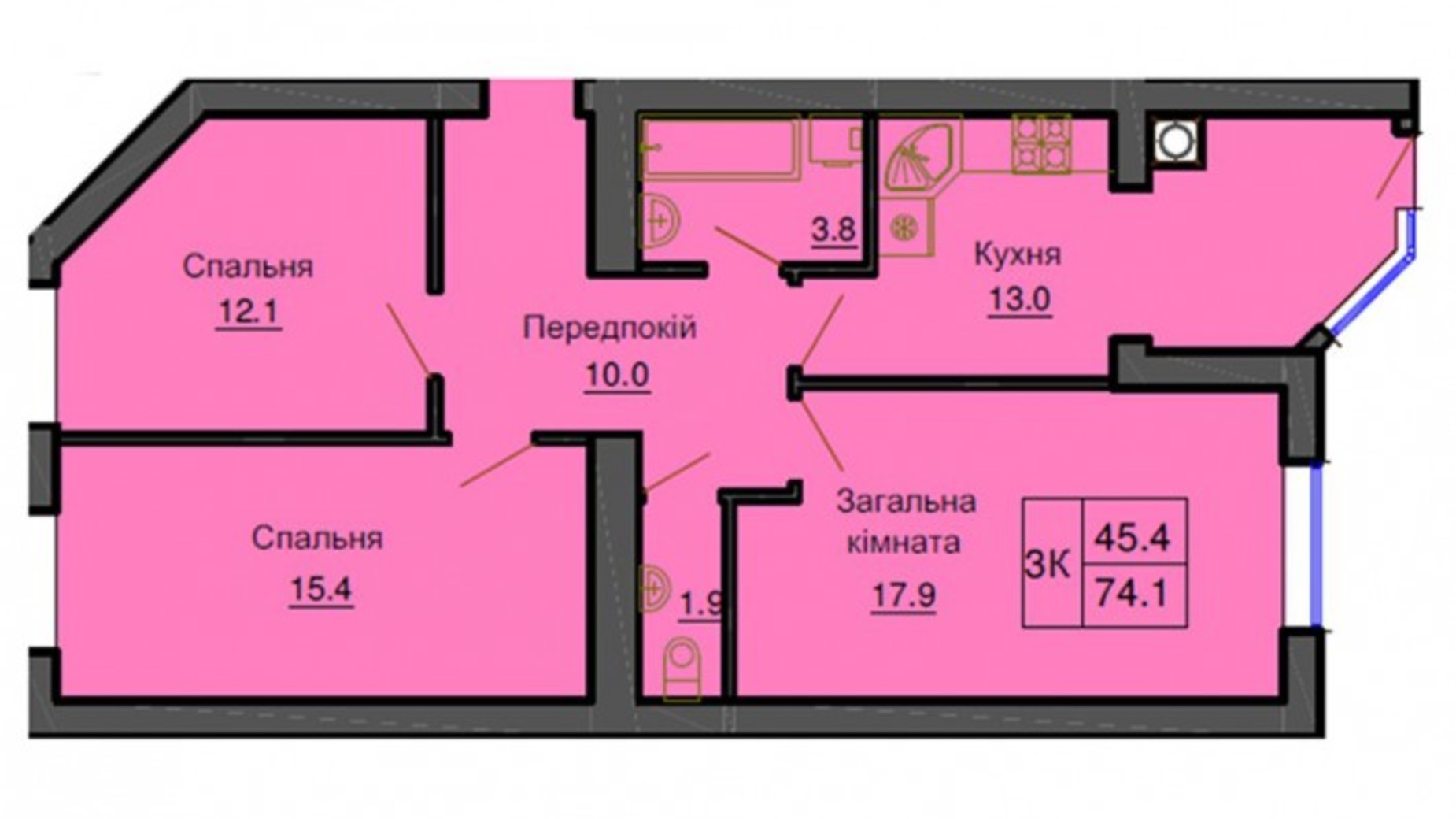 Планування 3-кімнатної квартири в ЖК Софія Резіденс 74.1 м², фото 540480