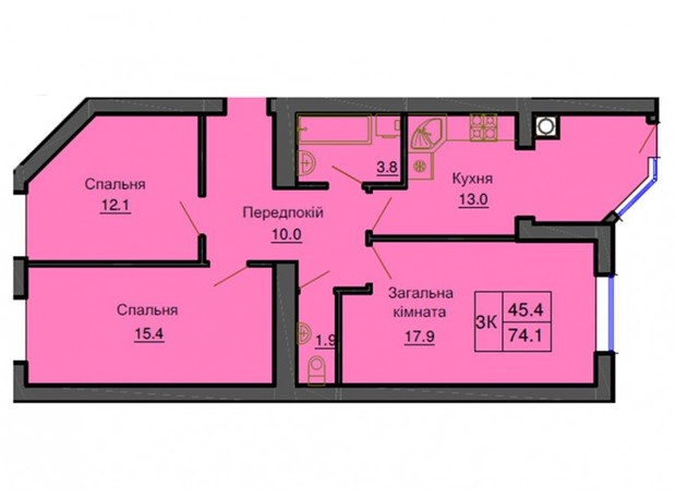 ЖК Софія Резіденс: планування 3-кімнатної квартири 74.1 м²