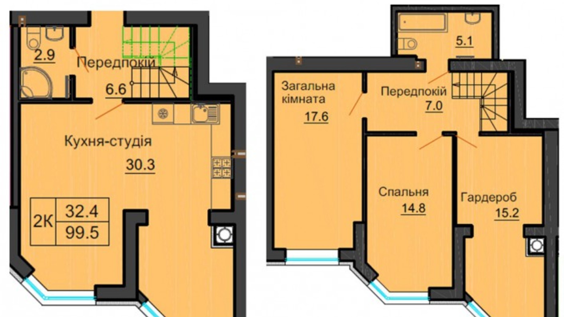 Планування багато­рівневої квартири в ЖК Софія Резіденс 99.5 м², фото 540490