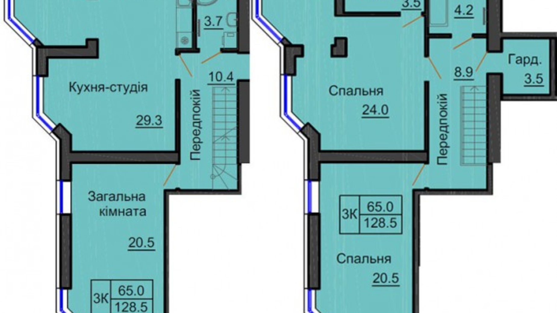 Планування багато­рівневої квартири в ЖК Софія Резіденс 128.5 м², фото 540491