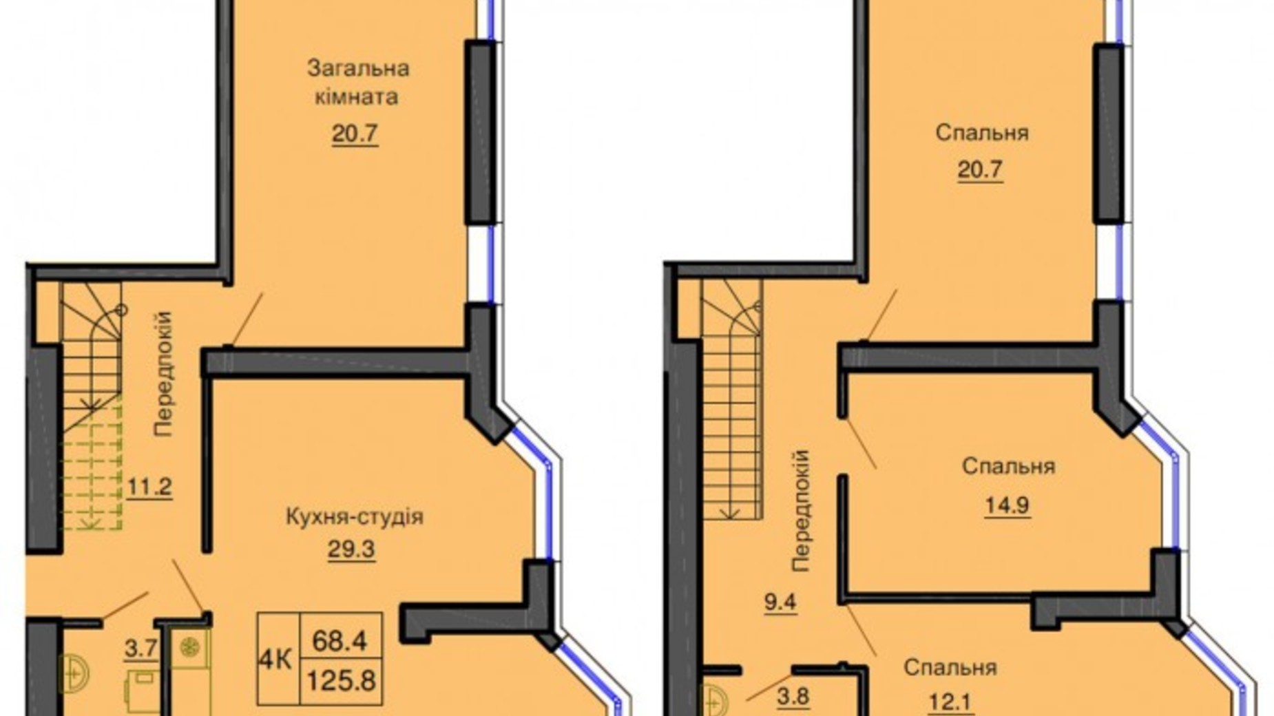 Планування багато­рівневої квартири в ЖК Софія Резіденс 125.8 м², фото 540492