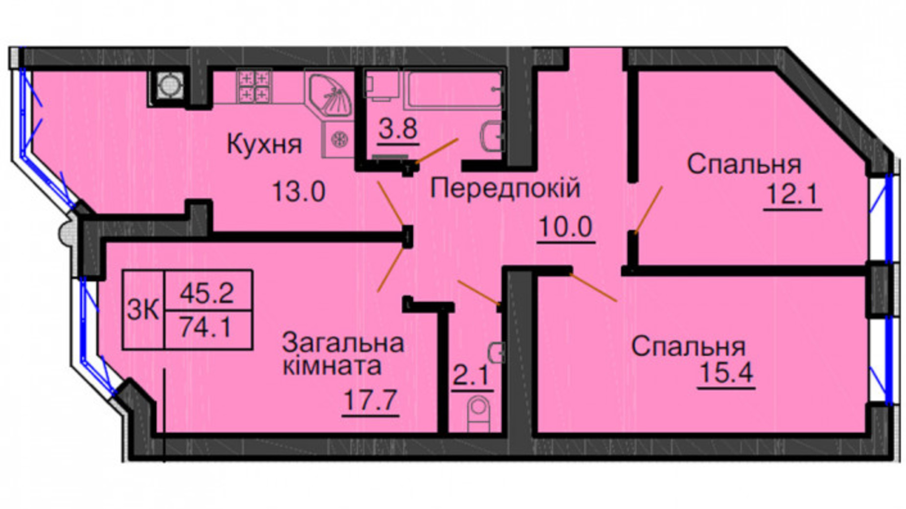 Планування 3-кімнатної квартири в ЖК Софія Резіденс 74.1 м², фото 540496