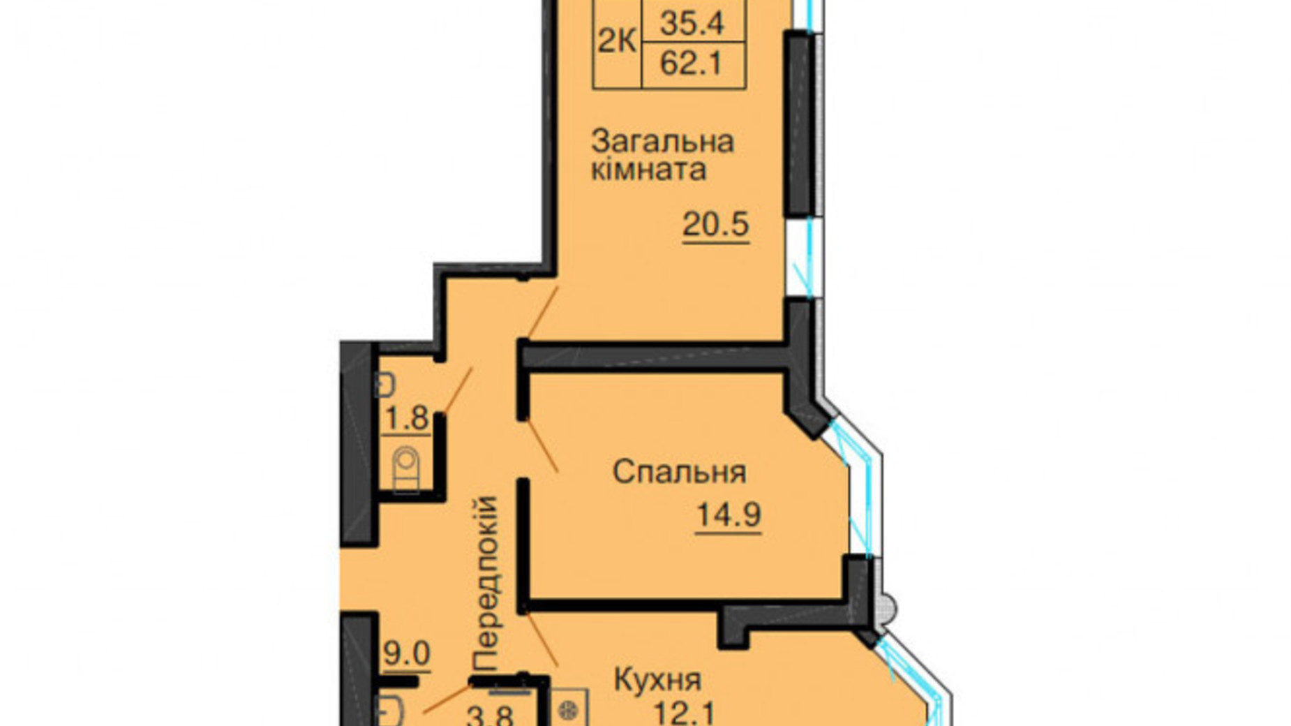 Планування 2-кімнатної квартири в ЖК Софія Резіденс 62.1 м², фото 540505