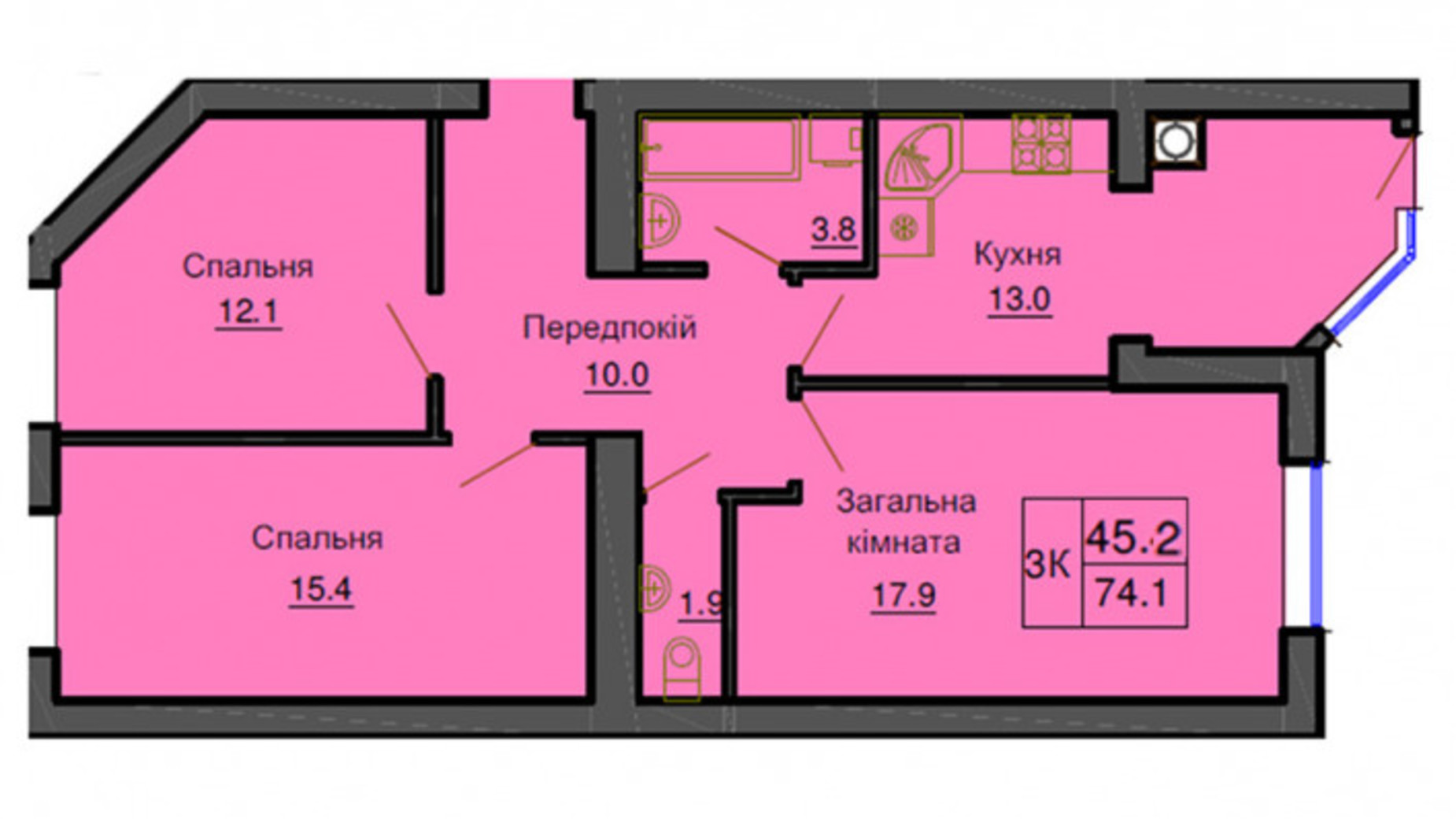 Планування 3-кімнатної квартири в ЖК Софія Резіденс 74.1 м², фото 540508