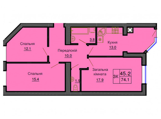 ЖК София Резиденс: планировка 3-комнатной квартиры 74.1 м²