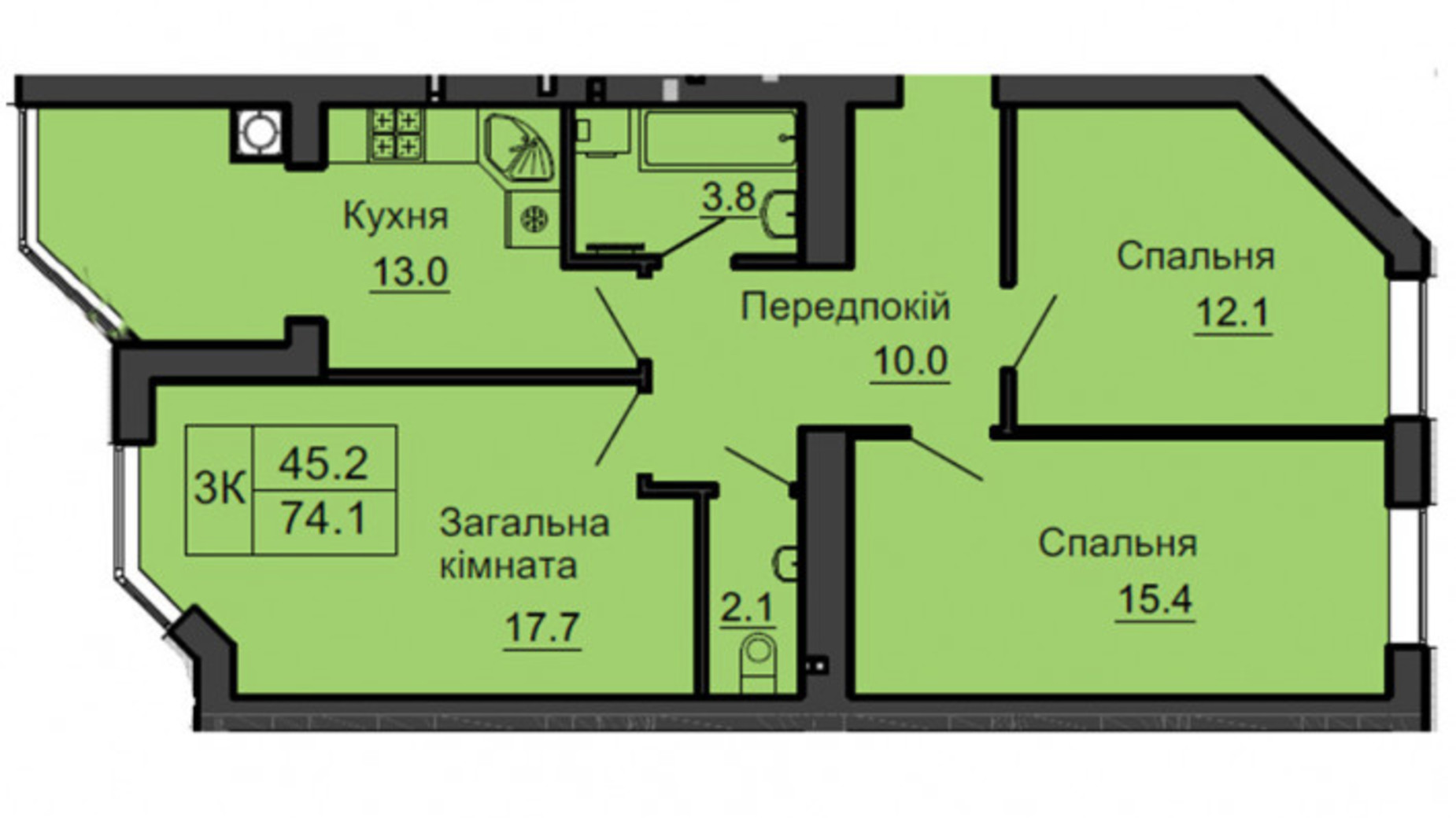 Планування 3-кімнатної квартири в ЖК Софія Резіденс 74.1 м², фото 540517