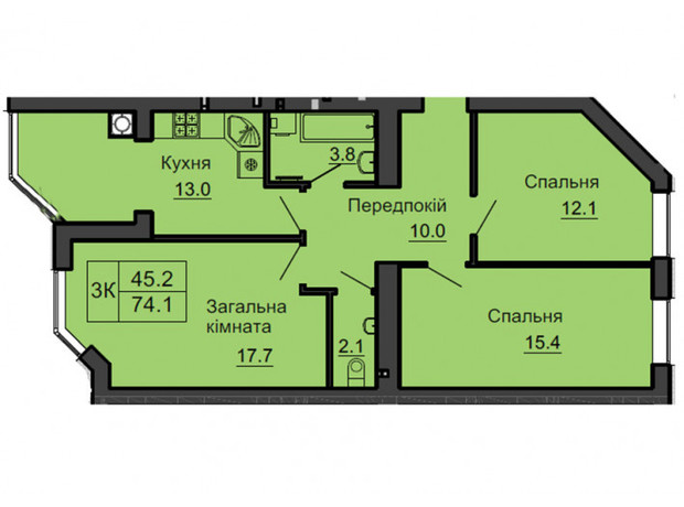 ЖК София Резиденс: планировка 3-комнатной квартиры 74.1 м²