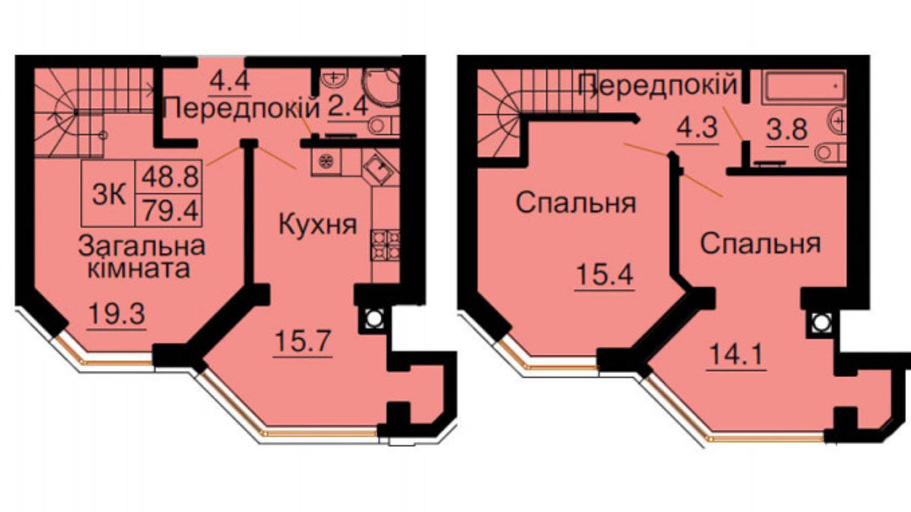 Планування багато­рівневої квартири в ЖК Софія Резіденс 79.4 м², фото 540522