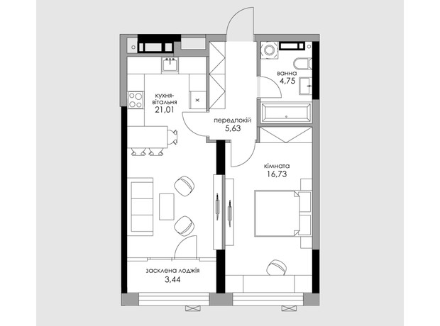 ЖК Новий Автограф: планування 1-кімнатної квартири 53.56 м²