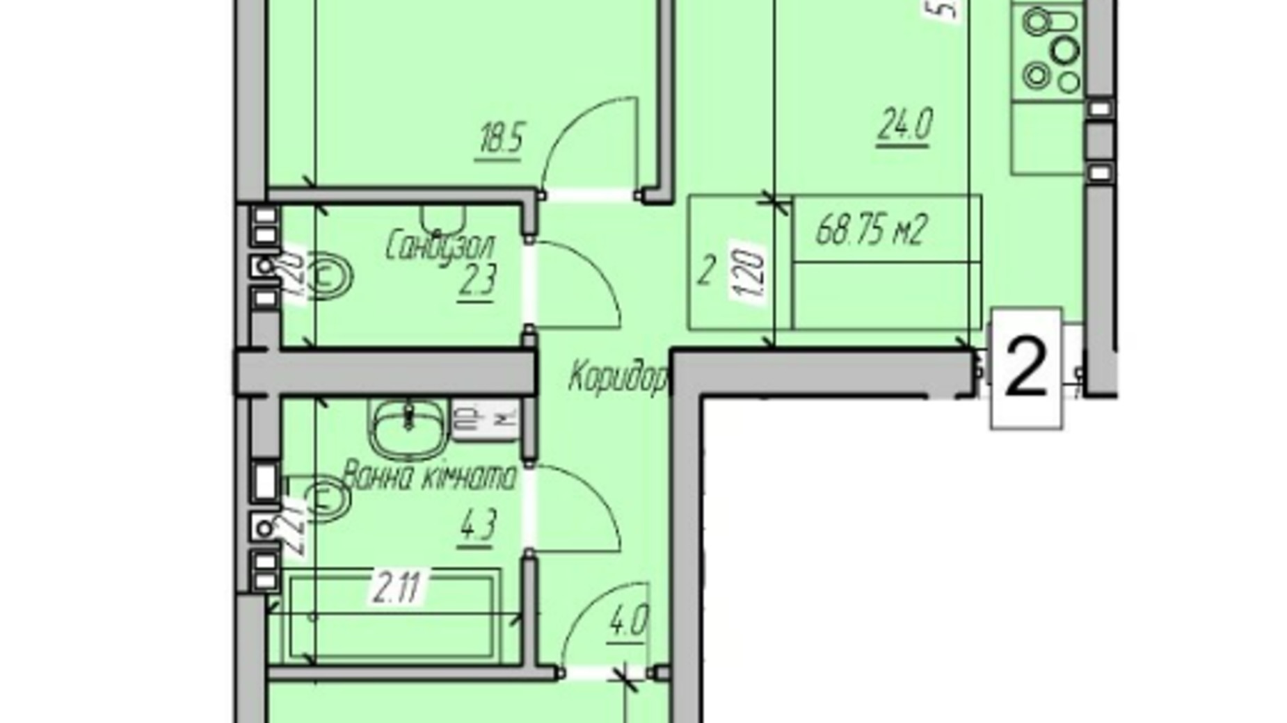 Планировка 2-комнатной квартиры в Клубный дом Васильченко 70 м², фото 540739