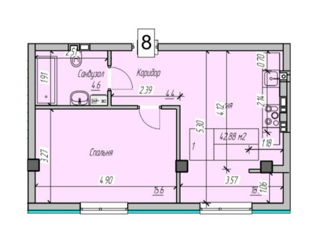 Клубный дом Васильченко: планировка 1-комнатной квартиры 43 м²