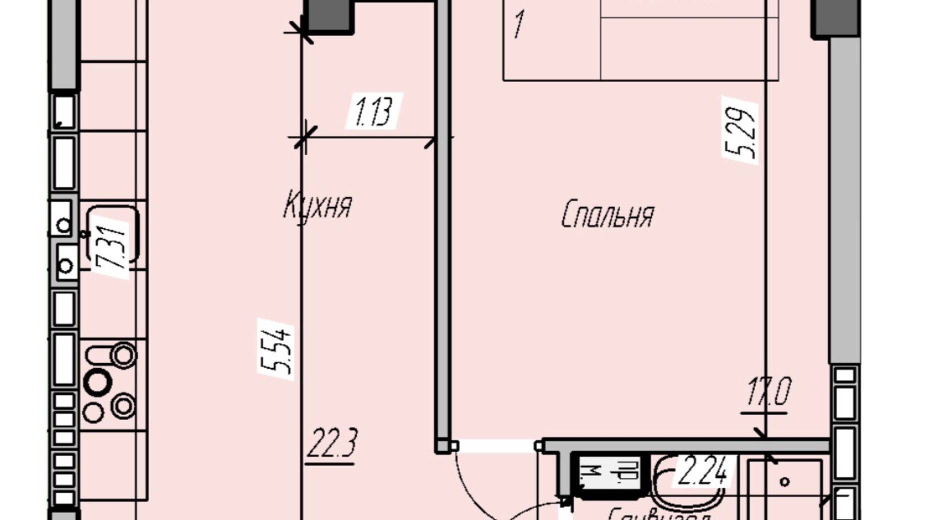 Планировка 1-комнатной квартиры в Клубный дом Васильченко 45.7 м², фото 540794