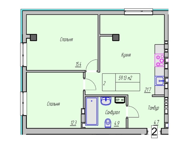 Клубный дом Васильченко: планировка 2-комнатной квартиры 59 м²