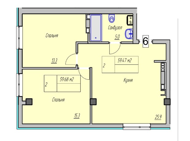 Клубний будинок Васильченка: планування 2-кімнатної квартири 61.4 м²