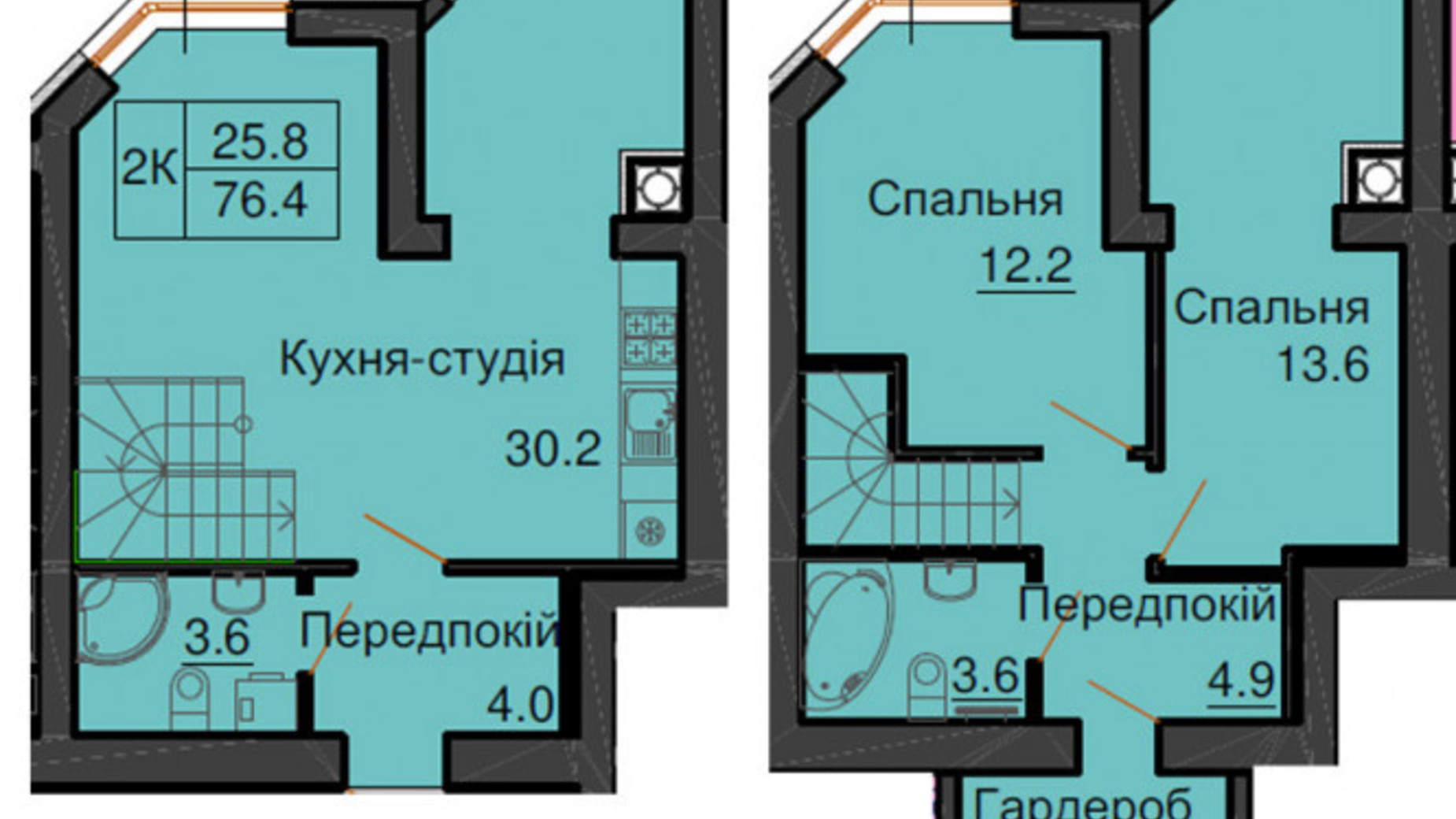 Планування багато­рівневої квартири в ЖК Софія Клубний 76.4 м², фото 540807