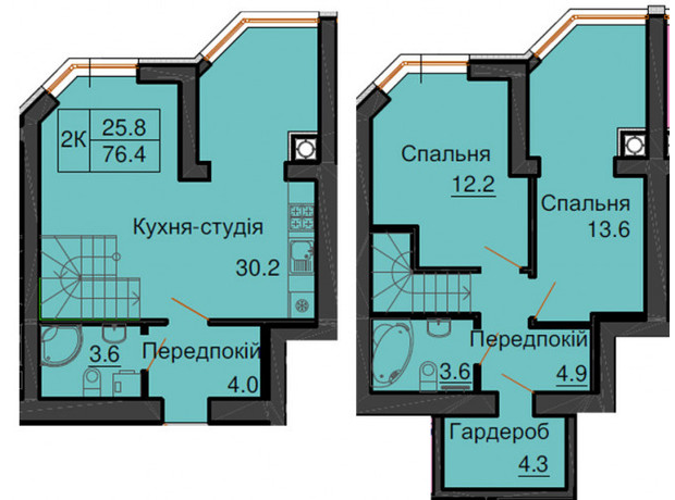 ЖК София Клубный: планировка 2-комнатной квартиры 76.4 м²