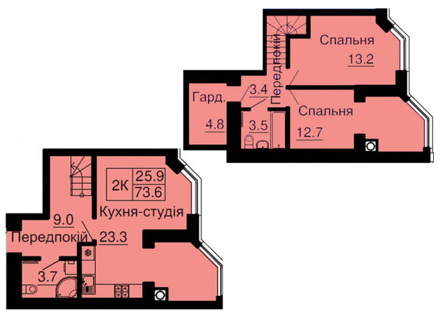 ЖК София Клубный: планировка 2-комнатной квартиры 73 м²