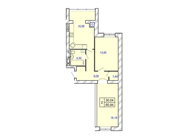 ЖК Avila Land: планировка 2-комнатной квартиры 60.94 м²