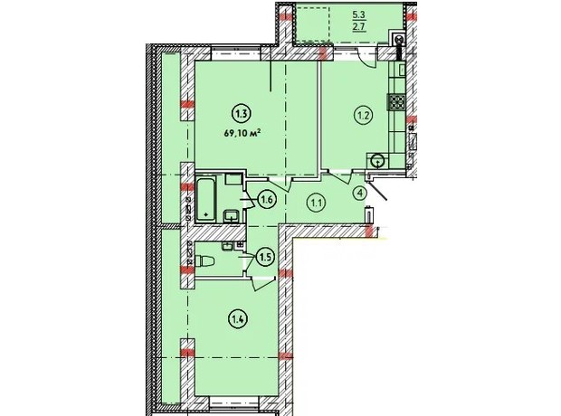 ЖК Парковый: планировка 2-комнатной квартиры 69 м²