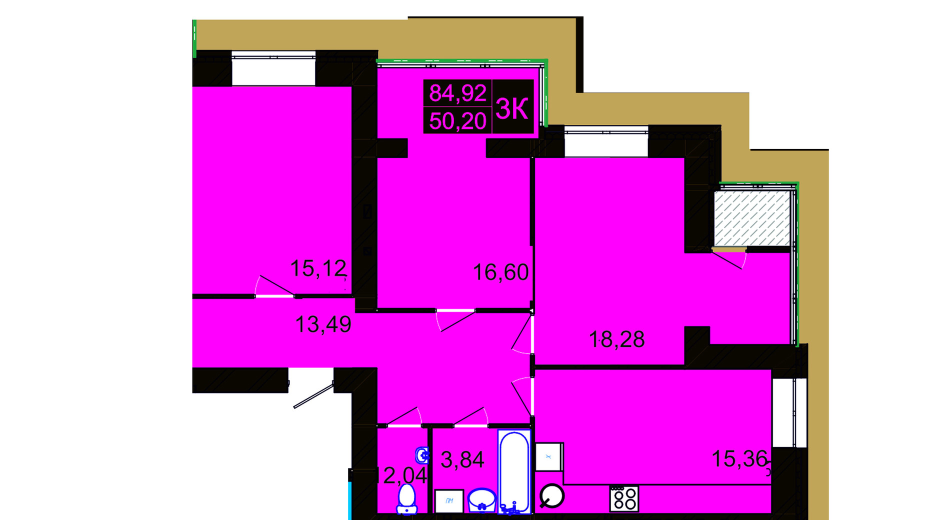 Планування 3-кімнатної квартири в ЖК Millennium Hills 84.92 м², фото 541366