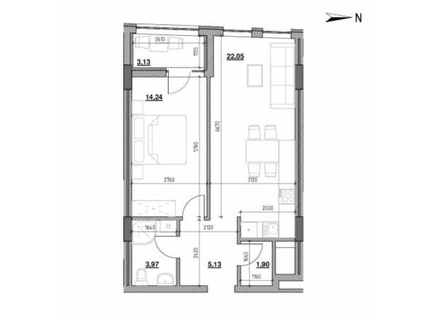 ЖК Голоські кручі: планировка 1-комнатной квартиры 51.7 м²