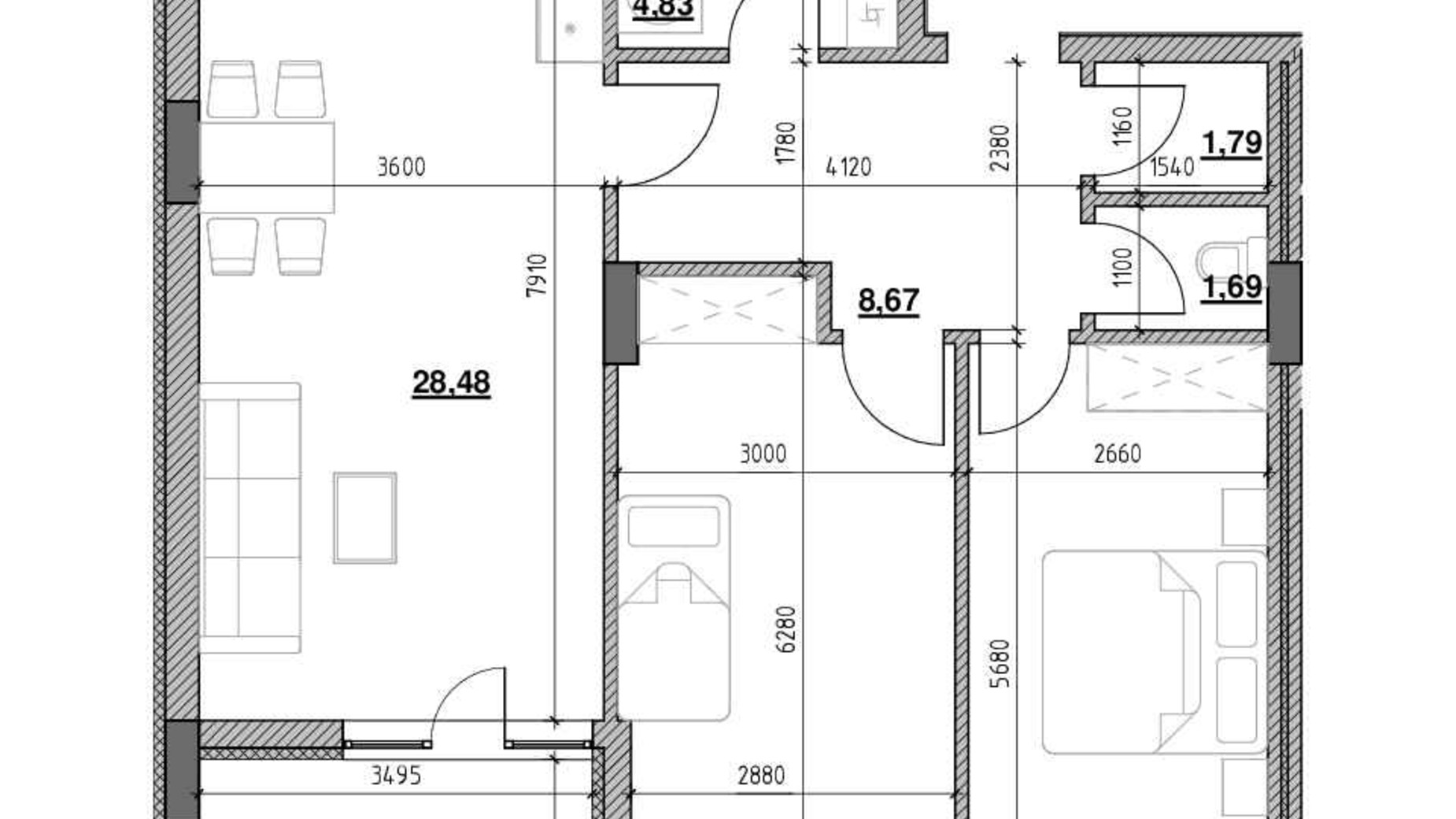 Планування 2-кімнатної квартири в ЖК Голоські кручі 86.7 м², фото 541532