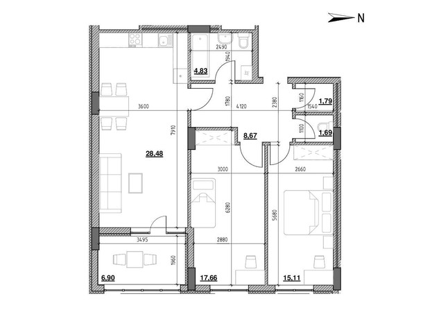 ЖК Голоські кручі: планування 2-кімнатної квартири 86.7 м²