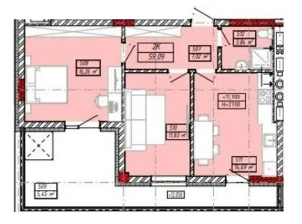 ЖК Дом на Михновских: планировка 2-комнатной квартиры 57.8 м²