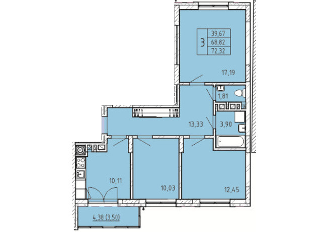 ЖК Сонцебуд: планировка 3-комнатной квартиры 72.74 м²