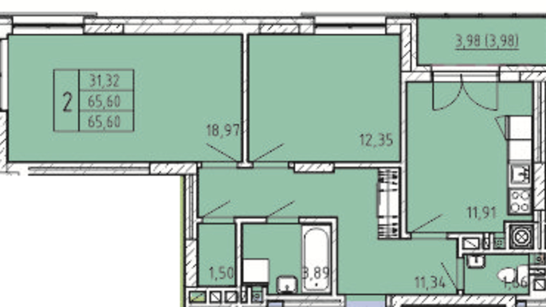 Планировка 2-комнатной квартиры в ЖК Сонцебуд 65.6 м², фото 541753