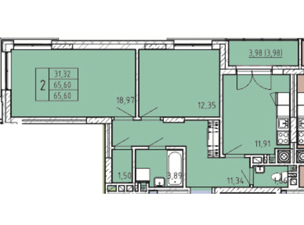 ЖК Сонцебуд: планировка 2-комнатной квартиры 65.6 м²